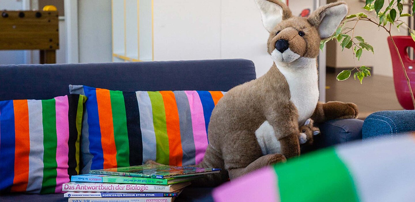 Ein Plüschkänguru auf einer bunten Couch